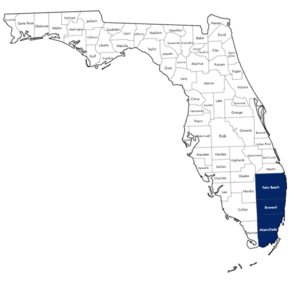 Map of Florida with Broward, Dade, and Palm Beach highlighted